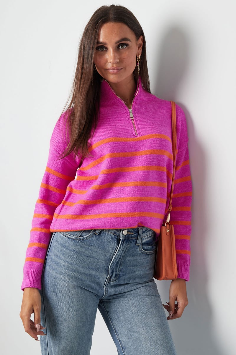 Knitted sweater stripes with zipper - beige black - SM