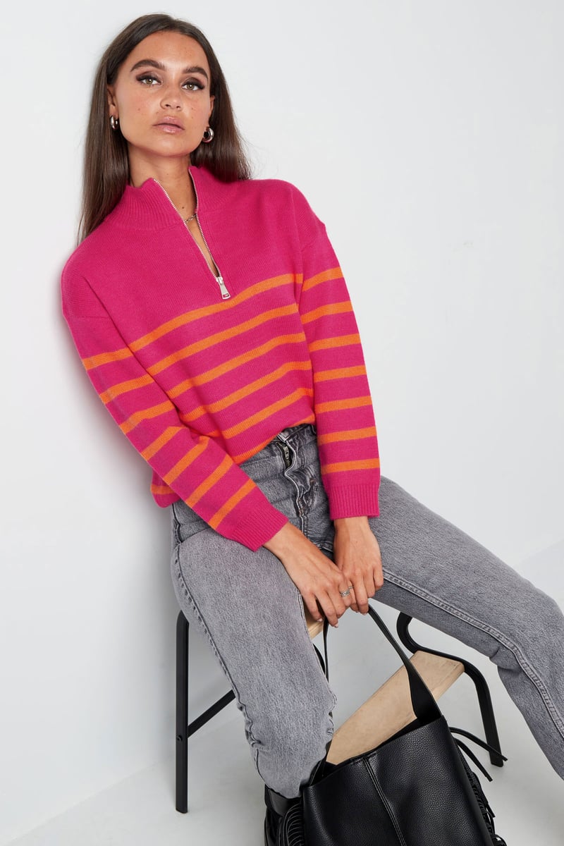 Knitted sweater stripes with zipper - beige black - SM