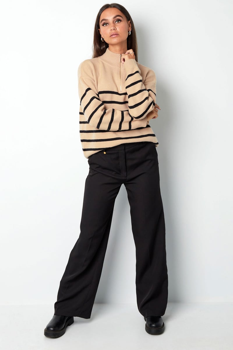 Knitted sweater stripes with zipper - beige black - SM