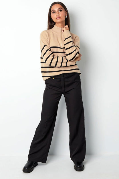 Knitted sweater stripes with zipper - beige black - SM