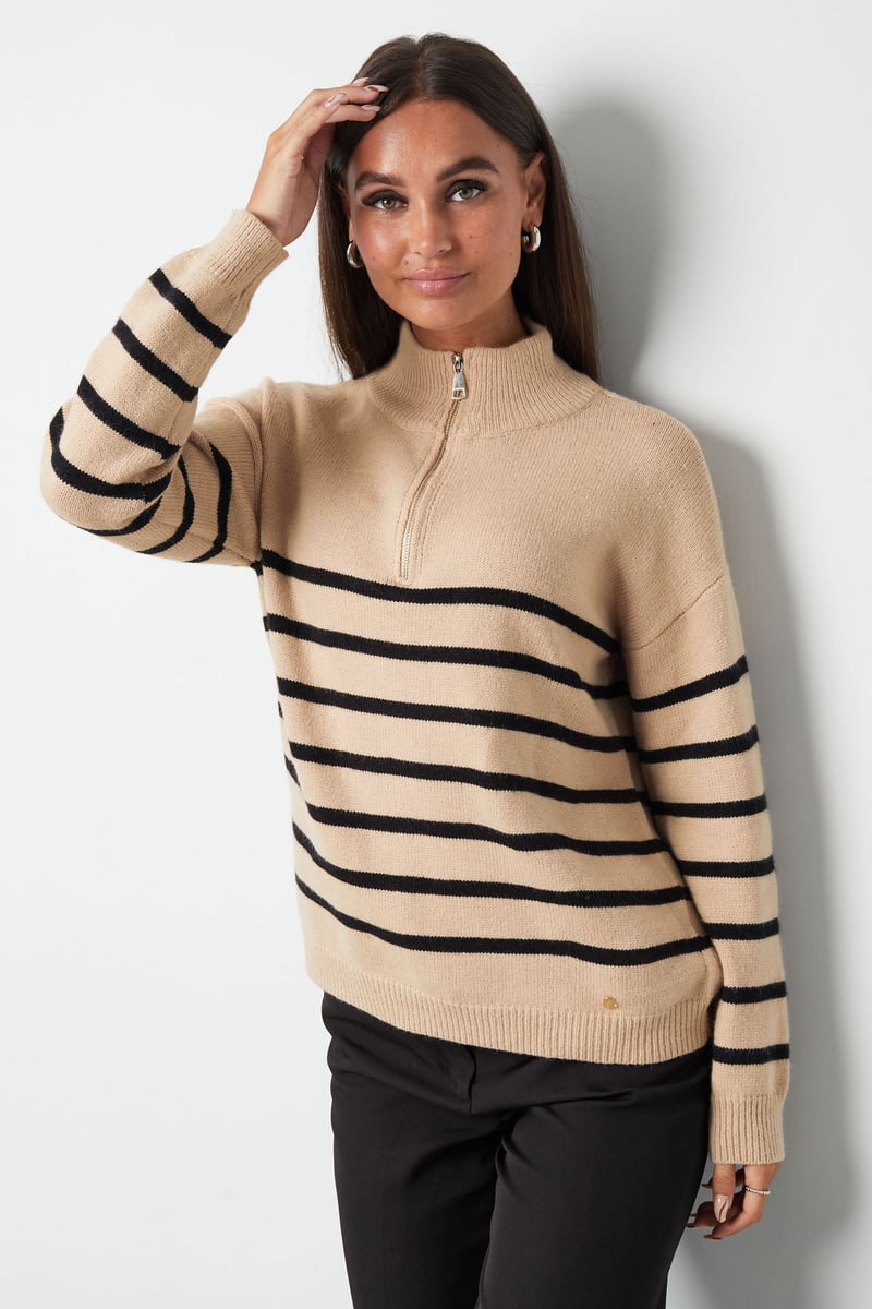 Knitted sweater stripes with zipper - beige black - SM