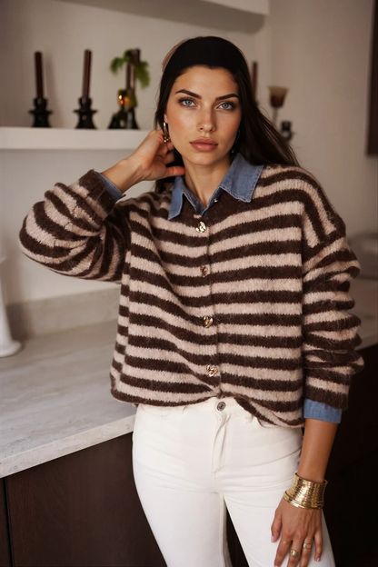 Isla - Gestreepte trui met denim kraag