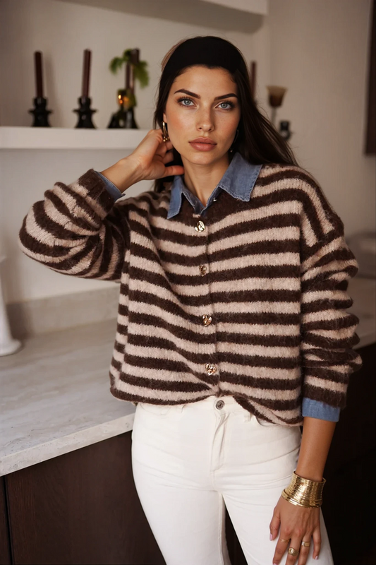 Isla - Gestreepte trui met denim kraag
