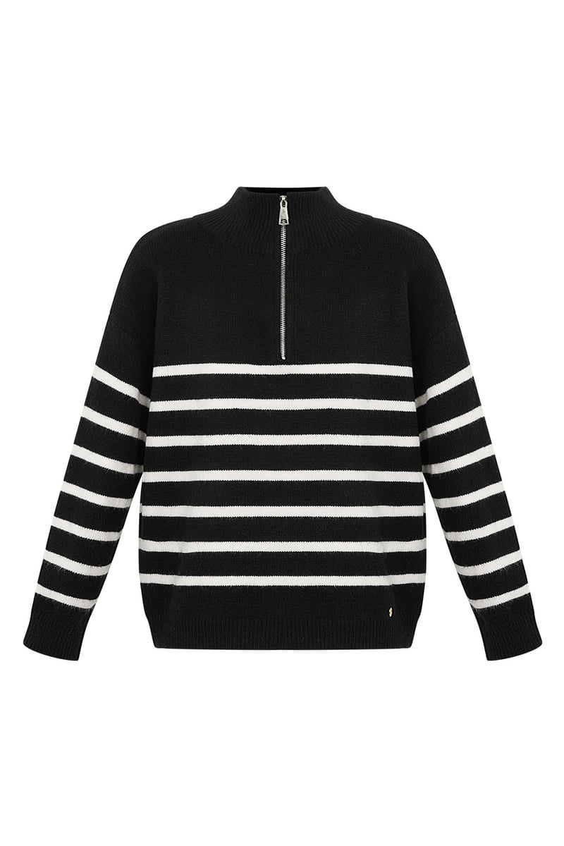 Knitted sweater stripes with zipper - beige black - SM