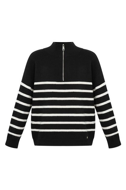 Knitted sweater stripes with zipper - beige black - SM