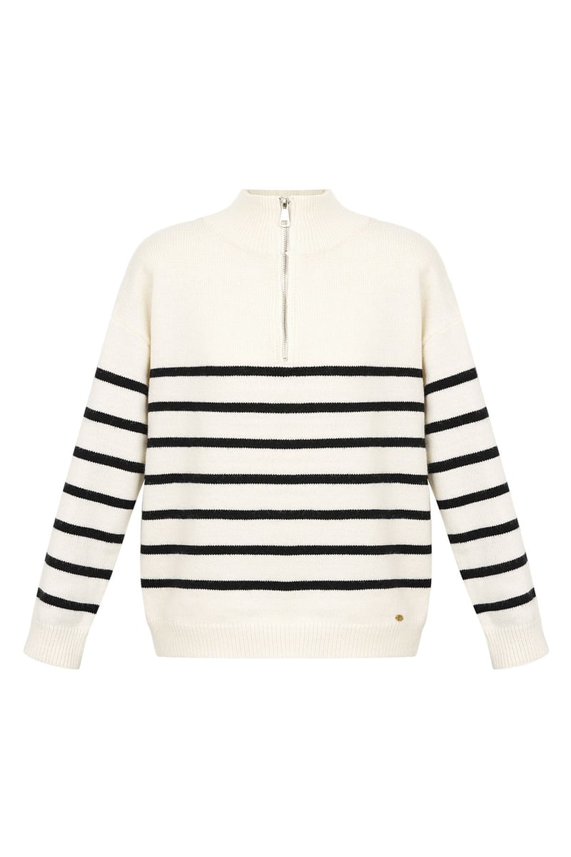 Knitted sweater stripes with zipper - beige black - SM