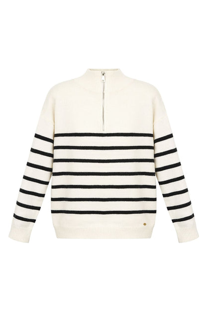 Knitted sweater stripes with zipper - beige black - SM