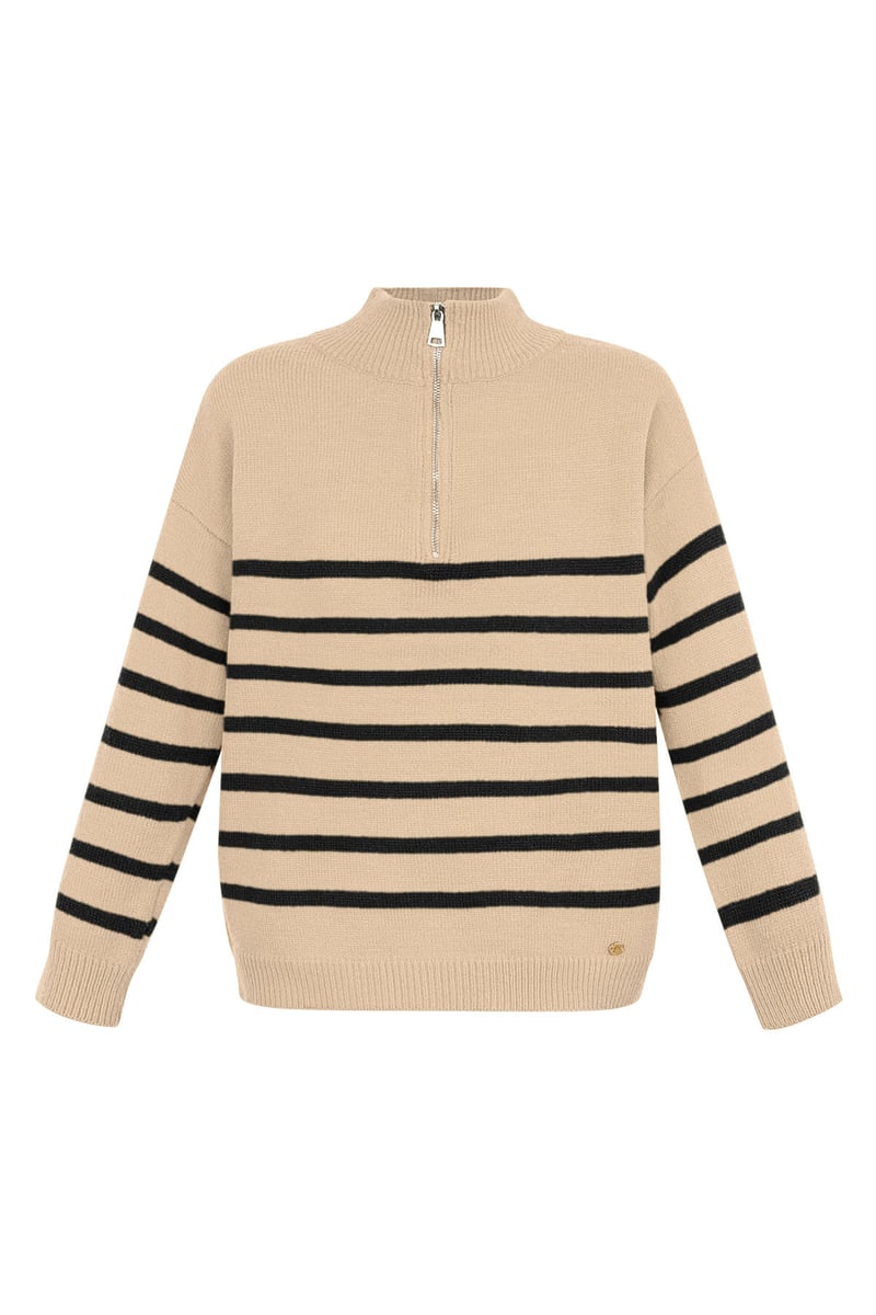 Knitted sweater stripes with zipper - beige black - SM